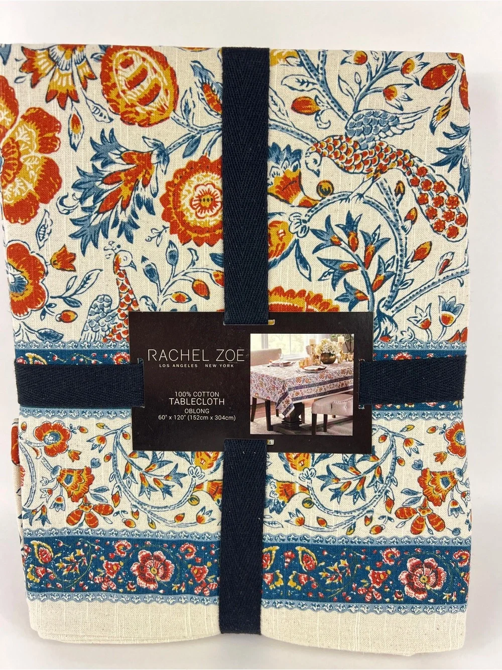 Rachel Zoe FALL Tablecloth 6 Napkins Blue Orange Cream Floral Birds 60 x 120 NEW